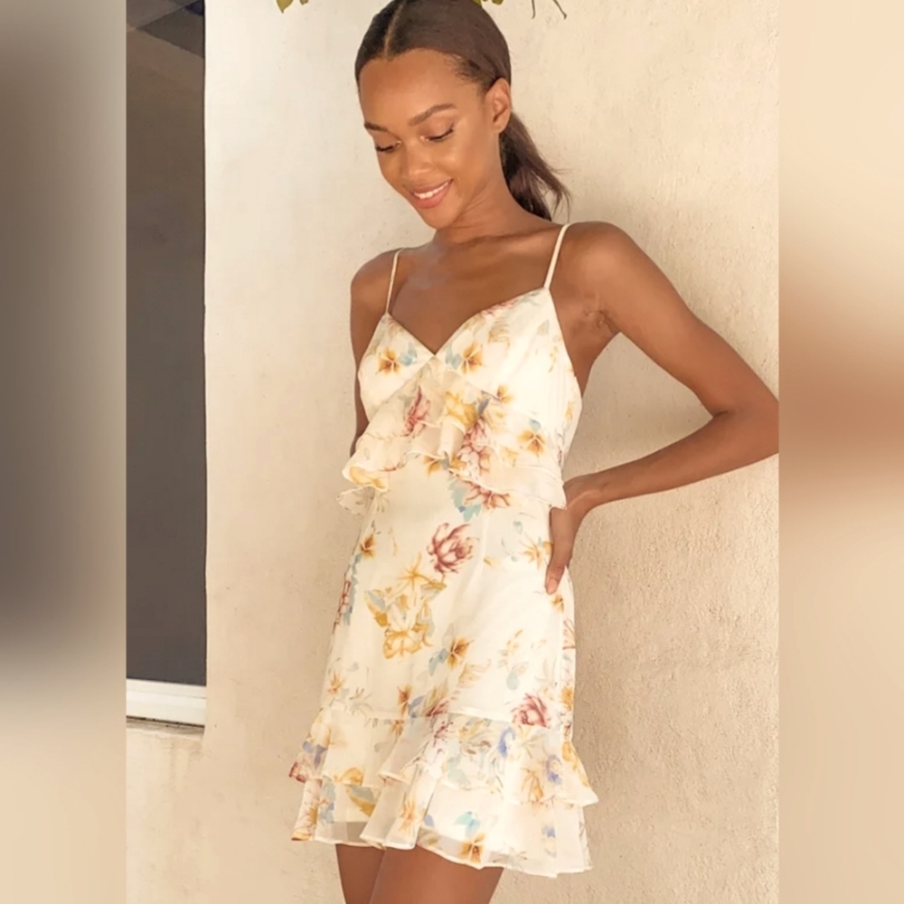 Lulus Sip of Chardonnay Cream Floral Print Ruffled Mini Dress